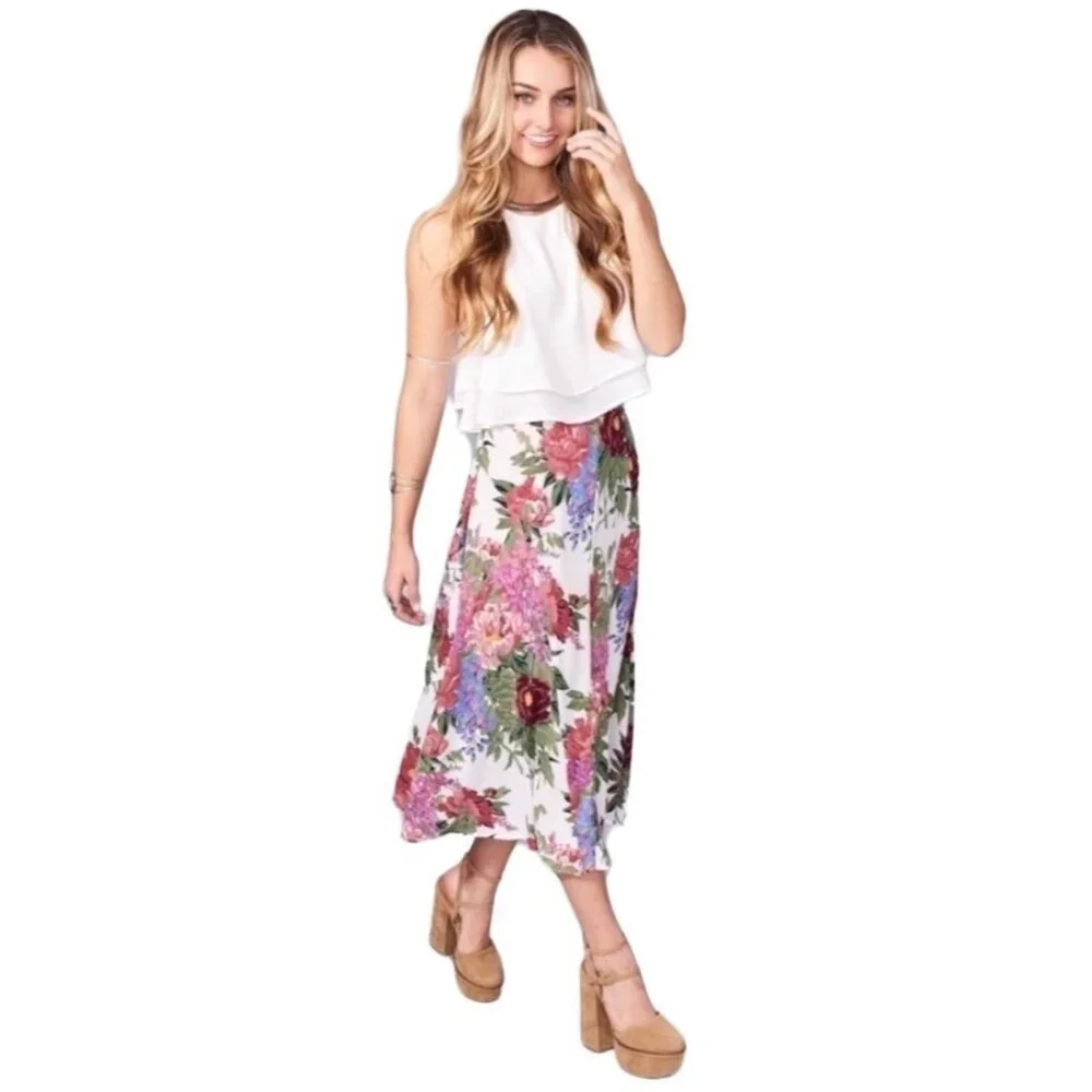 Show Me Your Mumu Tea Party Midi Skirt Size Small Floral Green Pink SMYM